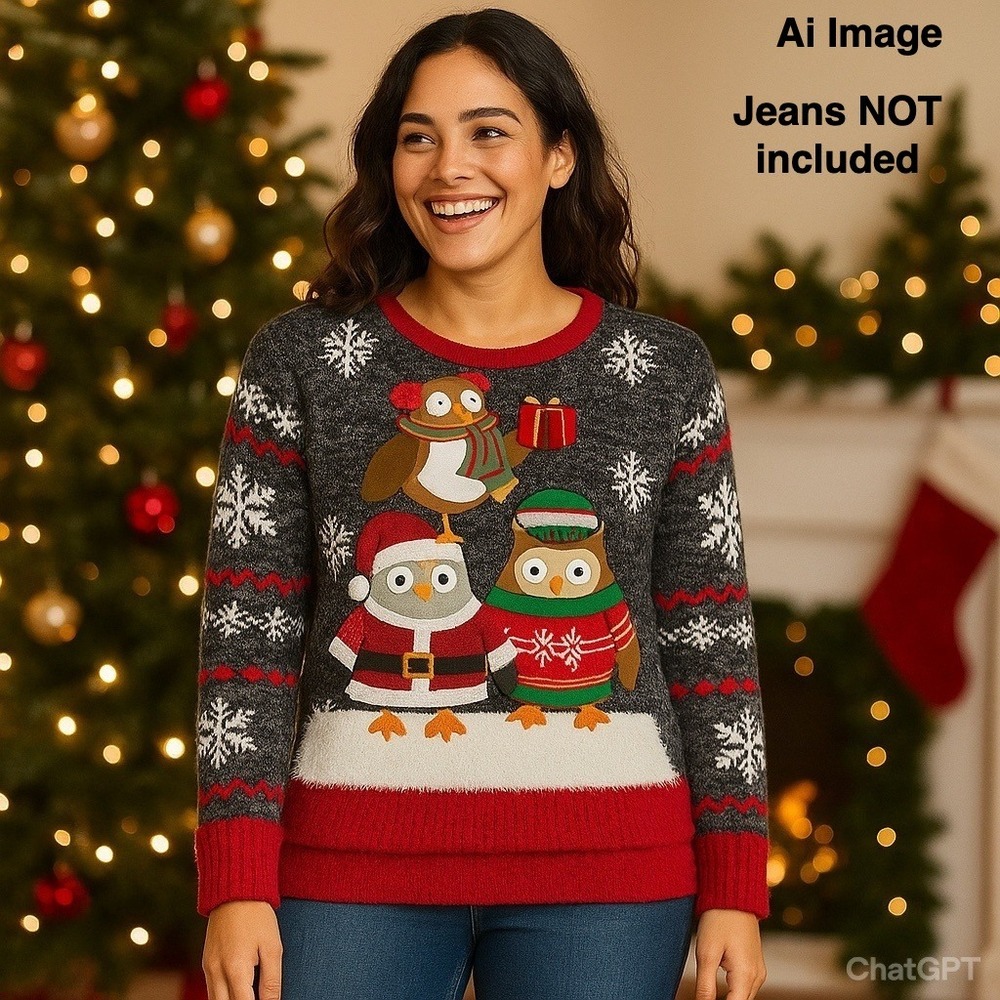 United States Sweaters Women M‎ Holiday Owl Christmas Black Red Whimsical Quirky
